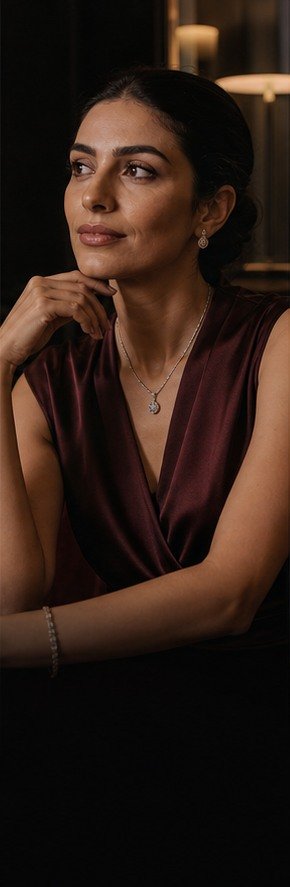 Leila wearing her Ashcroft necklace at a private evening appointment