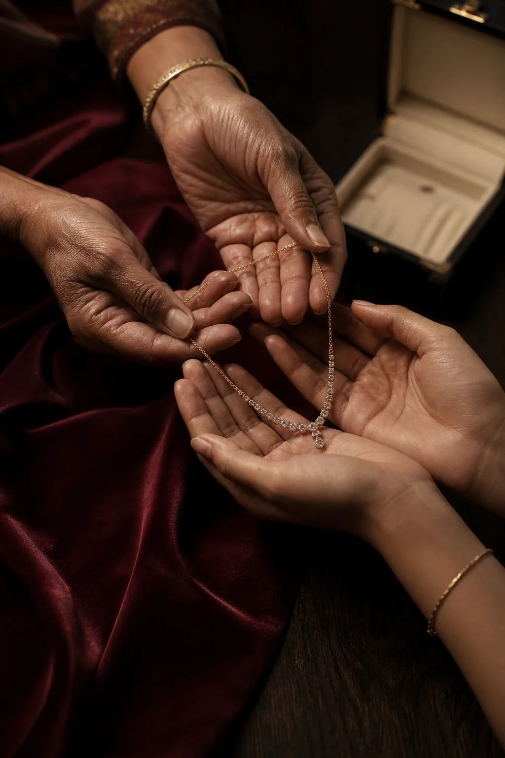 An heirloom necklace being passed from older hands into younger hands