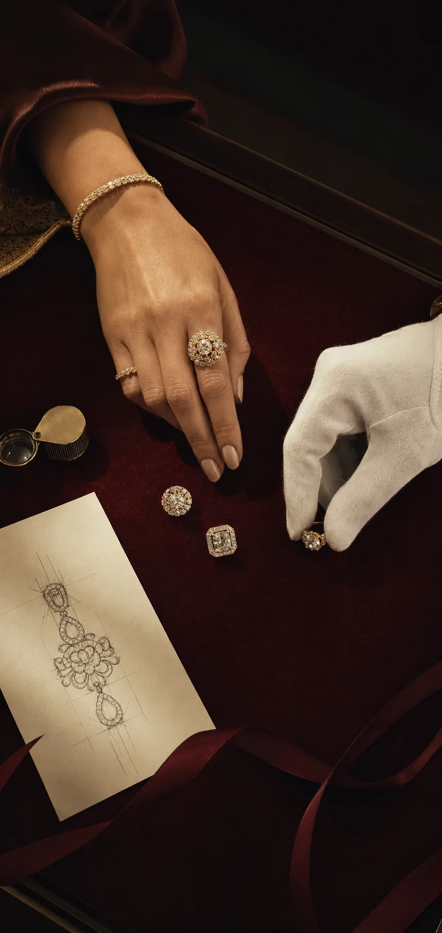 A private jewellery curation on oxblood velvet with a design drawing and selected pieces