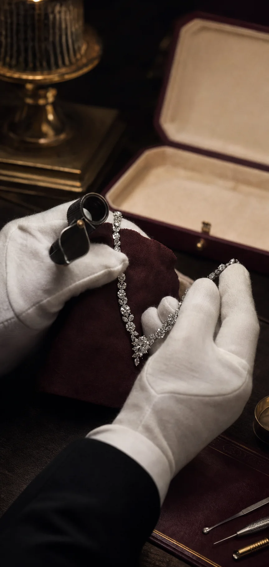 A fine diamond necklace being carefully inspected by a jewellery specialist